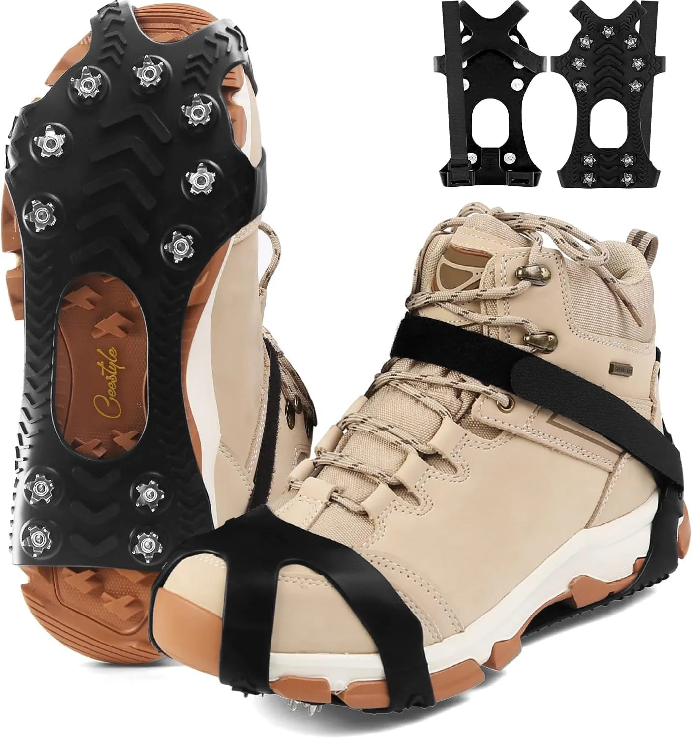 11 Spikes Crampons, Upgraded Version Stainless Steel Anti-Slip, Ice Cleats Grips for Hiking Shoes and Boots, Hiking Fishing Walking Mountaineering