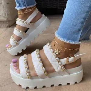 2021 Women Flat Platform Sandals Soft Leather Buckle Thick-soled Metal Cufflinks Sandals
