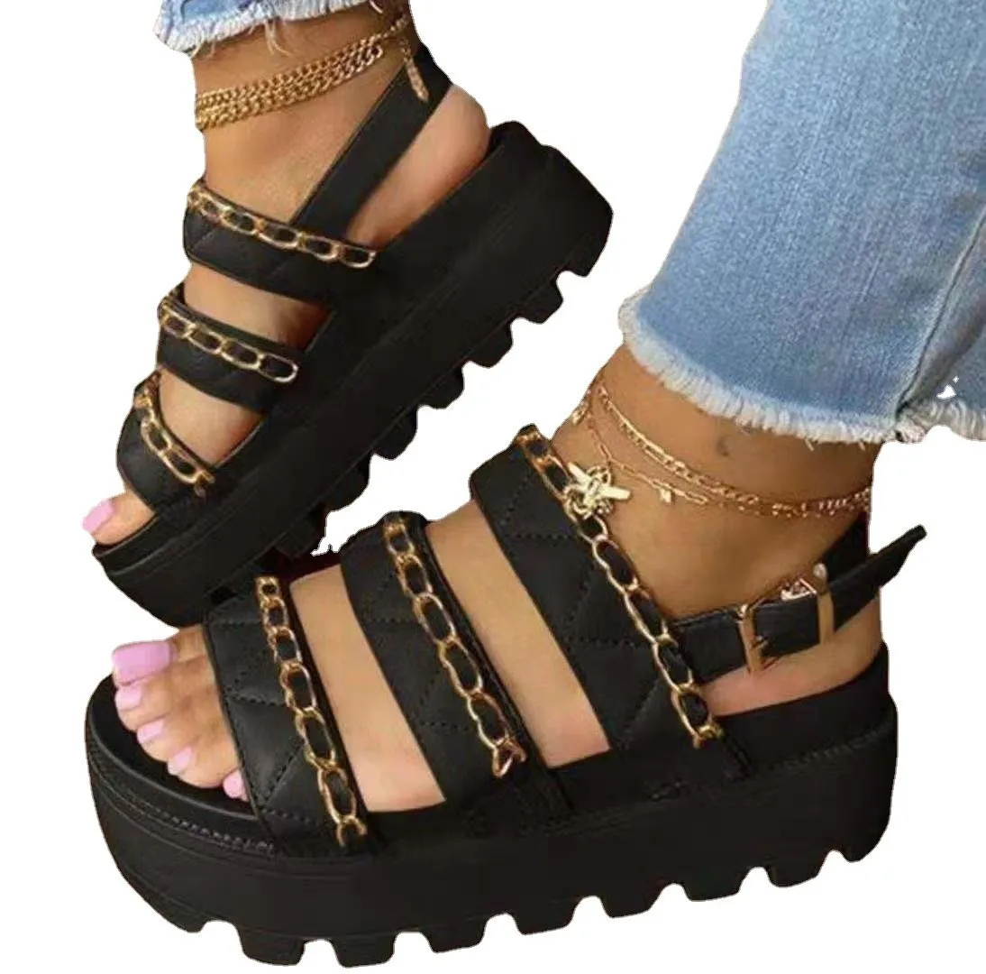 2021 Women Flat Platform Sandals Soft Leather Buckle Thick-soled Metal Cufflinks Sandals