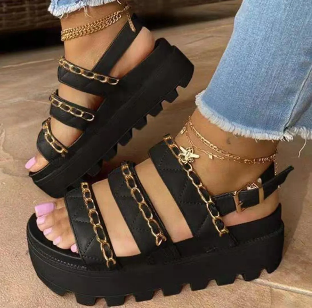 2021 Women Flat Platform Sandals Soft Leather Buckle Thick-soled Metal Cufflinks Sandals