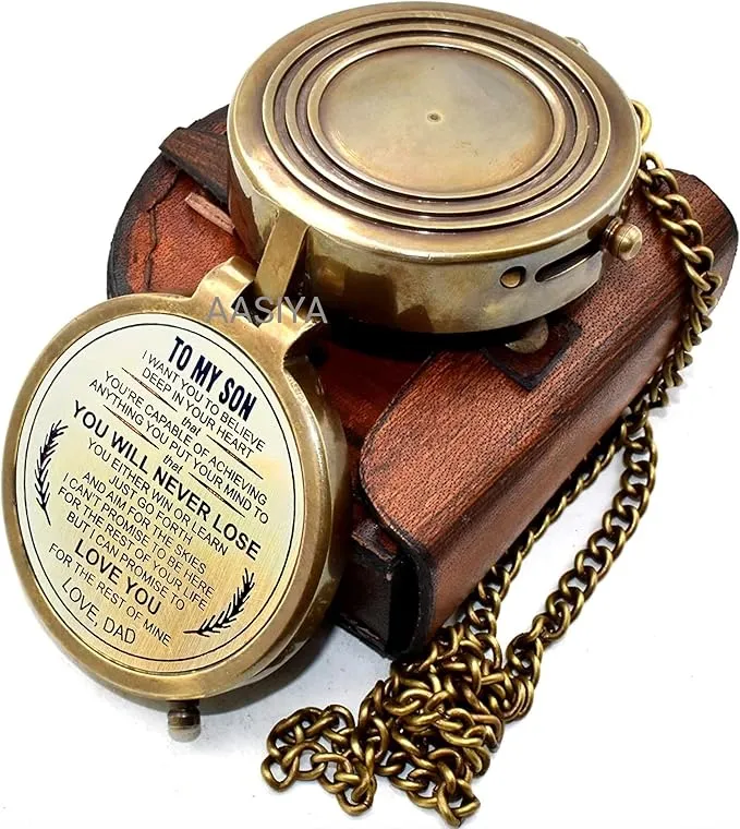 AASIYA Brass Chain Compass with Leather Case for Hiking Personalized Compass to My Son You Will Never Lose Love Dad Quote Engraved Camping Pocket Compass Nautical Vintage Navigation Outdoor Compass