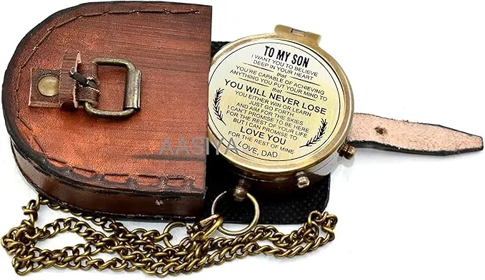 AASIYA Brass Chain Compass with Leather Case for Hiking Personalized Compass to My Son You Will Never Lose Love Dad Quote Engraved Camping Pocket Compass Nautical Vintage Navigation Outdoor Compass