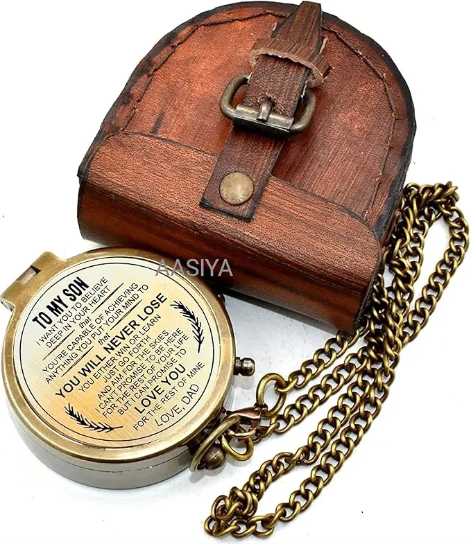 AASIYA Brass Chain Compass with Leather Case for Hiking Personalized Compass to My Son You Will Never Lose Love Dad Quote Engraved Camping Pocket Compass Nautical Vintage Navigation Outdoor Compass