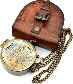 AASIYA Brass Chain Compass with Leather Case for Hiking Personalized Compass to My Son You Will Never Lose Love Dad Quote Engraved Camping Pocket Compass Nautical Vintage Navigation Outdoor Compass