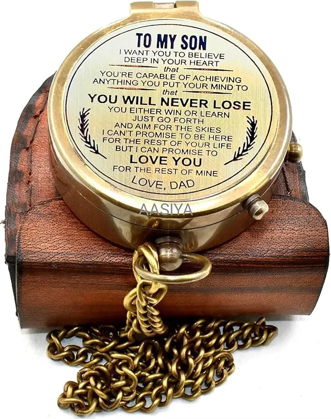 AASIYA Brass Chain Compass with Leather Case for Hiking Personalized Compass to My Son You Will Never Lose Love Dad Quote Engraved Camping Pocket Compass Nautical Vintage Navigation Outdoor Compass