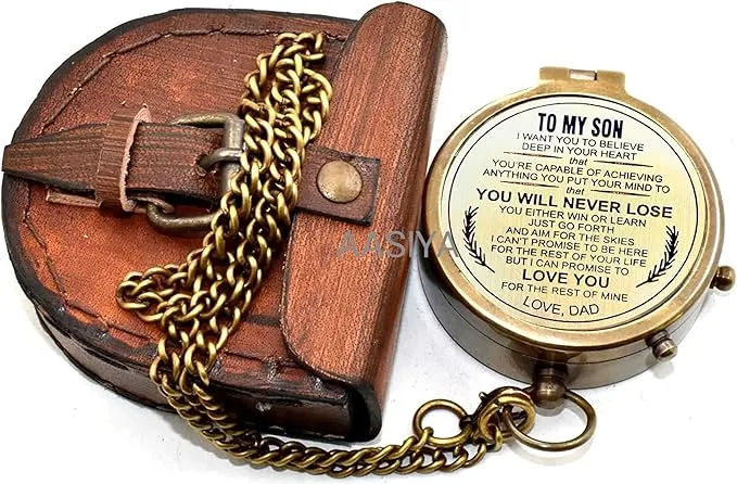 AASIYA Brass Chain Compass with Leather Case for Hiking Personalized Compass to My Son You Will Never Lose Love Dad Quote Engraved Camping Pocket Compass Nautical Vintage Navigation Outdoor Compass