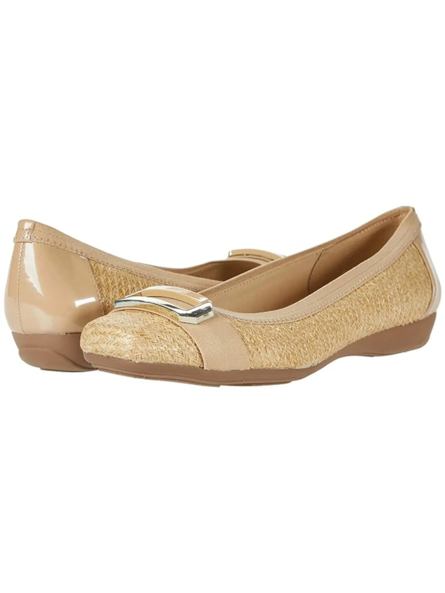AK SPORT Womens Beige Stretch Lightweight Woven Buckle Accent Cushioned Uplift Square Toe Wedge Slip On Ballet Flats M