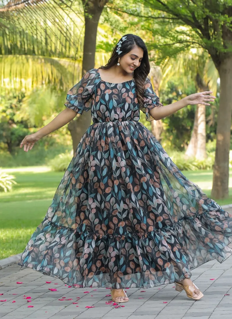 Black Elegant Georgette Maxi Dress with Ruffle Flair