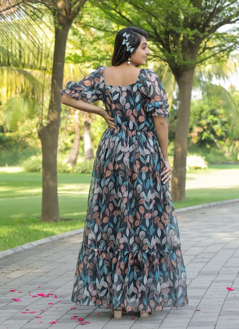 Black Elegant Georgette Maxi Dress with Ruffle Flair