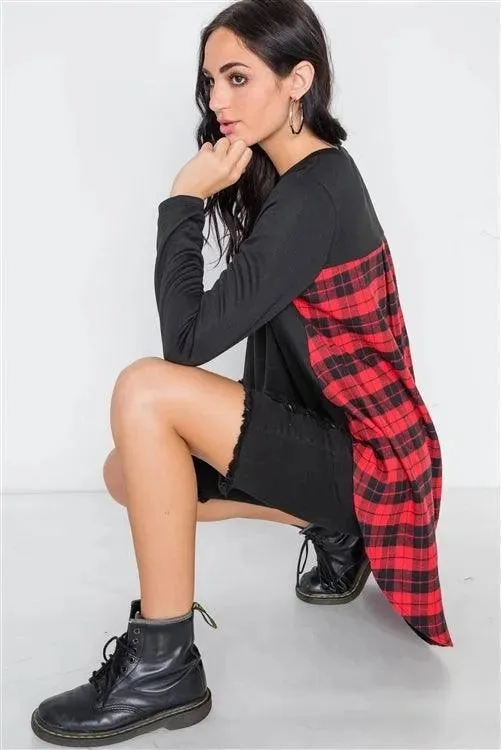 Black Red Combo Plaid High Low Knit Top