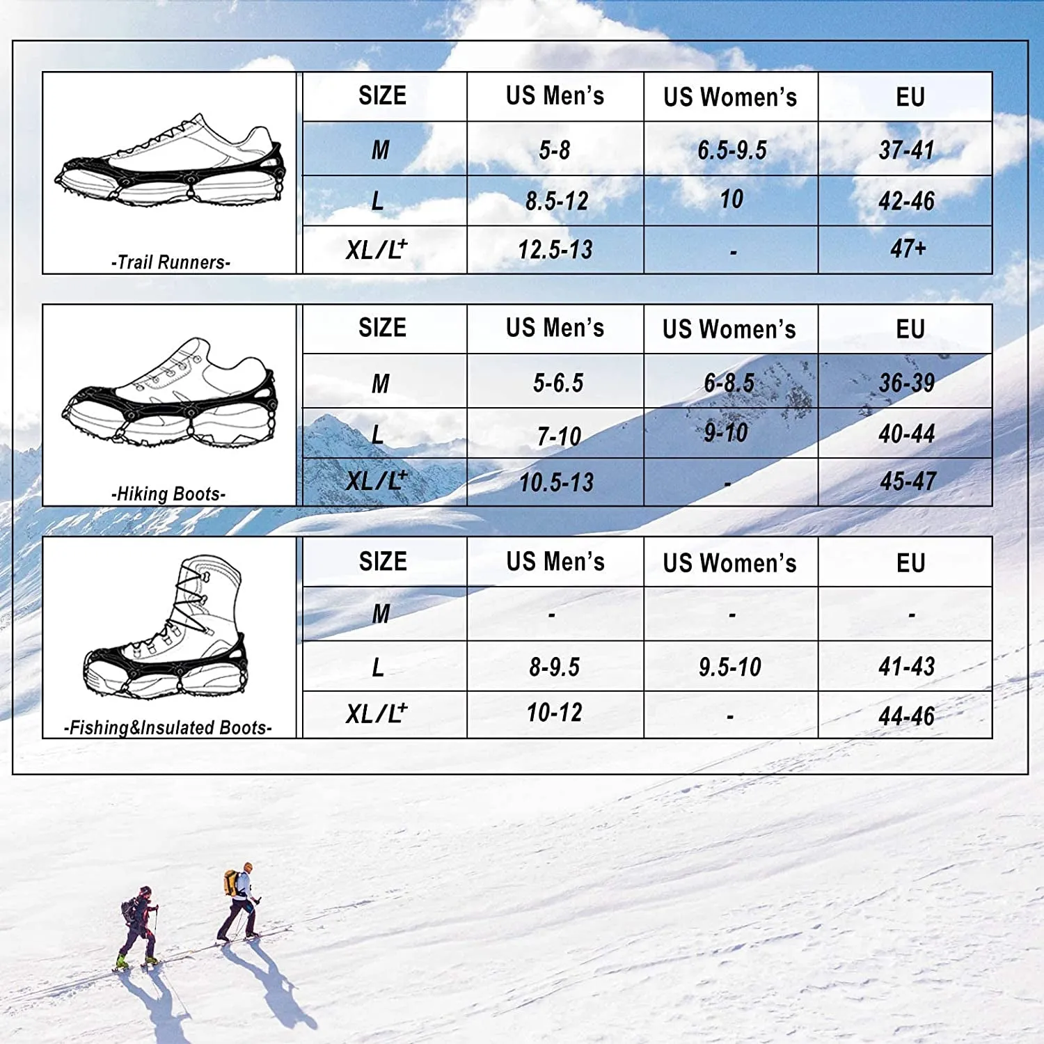 Crampons Ice Cleats Traction Snow Grips for Boots Shoes Women Men Kids anti Slip 19 Stainless Steel Spikes Safe Protect for Hiking Fishing Walking Climbing Mountaineering