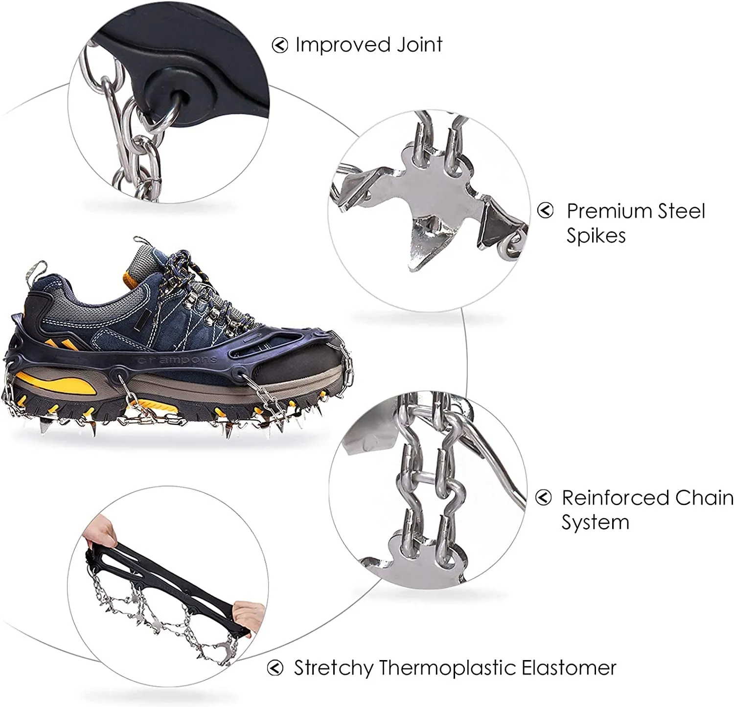 Crampons Ice Cleats Traction Snow Grips for Boots Shoes Women Men Kids anti Slip 19 Stainless Steel Spikes Safe Protect for Hiking Fishing Walking Climbing Mountaineering