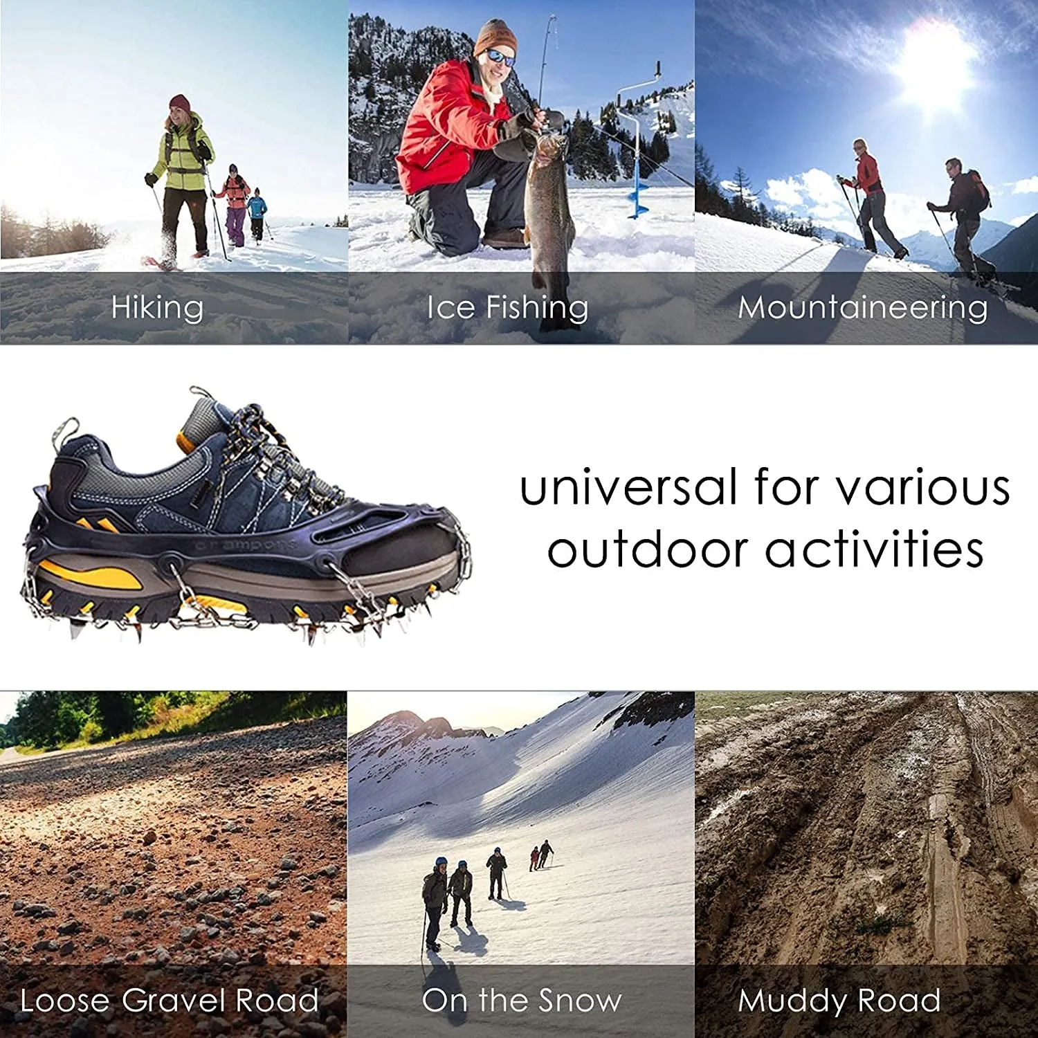 Crampons Ice Cleats Traction Snow Grips for Boots Shoes Women Men Kids anti Slip 19 Stainless Steel Spikes Safe Protect for Hiking Fishing Walking Climbing Mountaineering