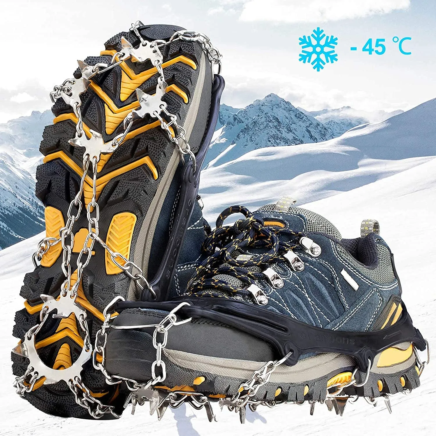 Crampons Ice Cleats Traction Snow Grips for Boots Shoes Women Men Kids anti Slip 19 Stainless Steel Spikes Safe Protect for Hiking Fishing Walking Climbing Mountaineering