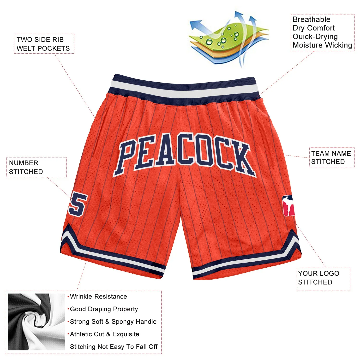 Custom Orange Navy Pinstripe Navy-White Authentic Basketball Shorts