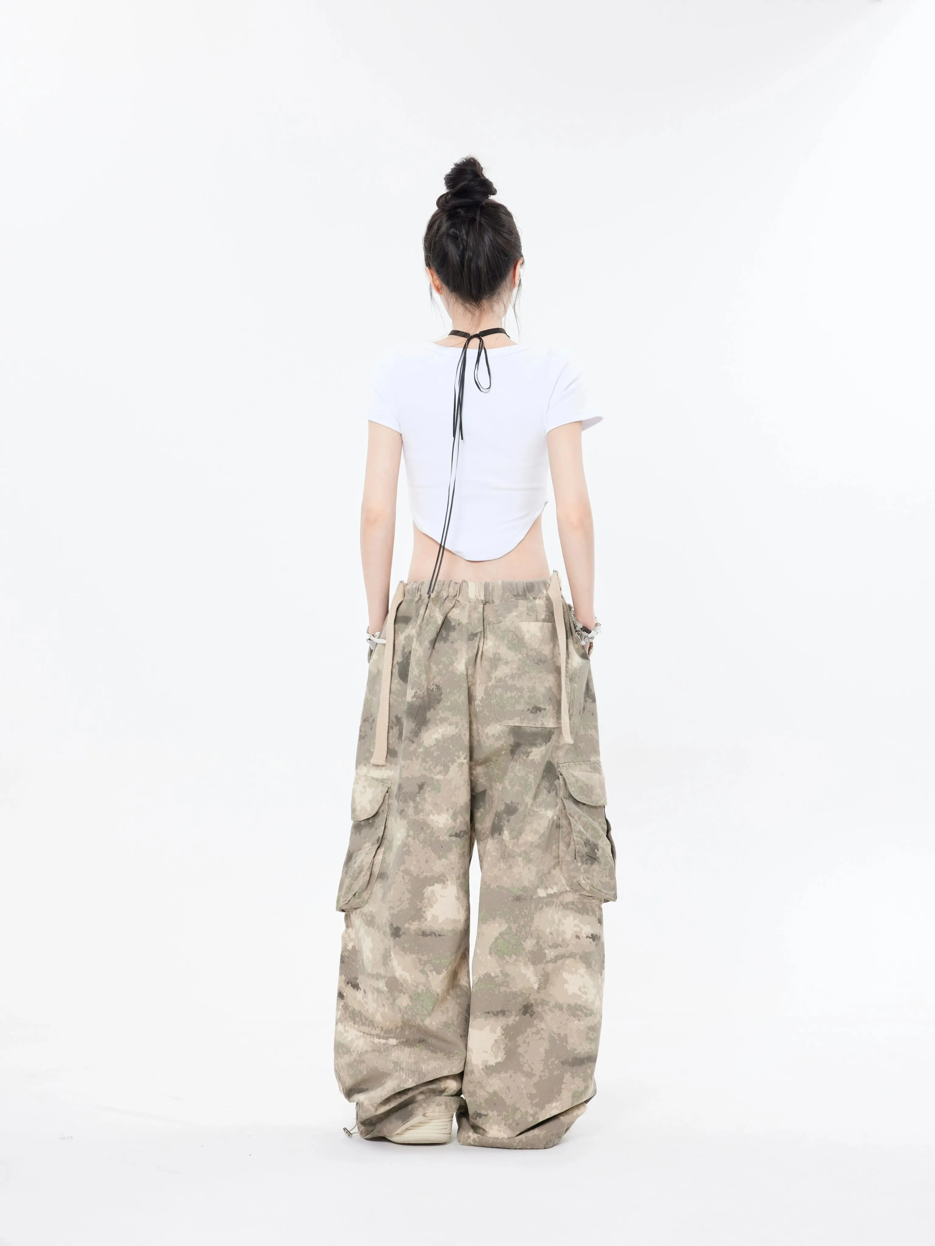Faded Camo Baggy Cargo Pants with Drawstring