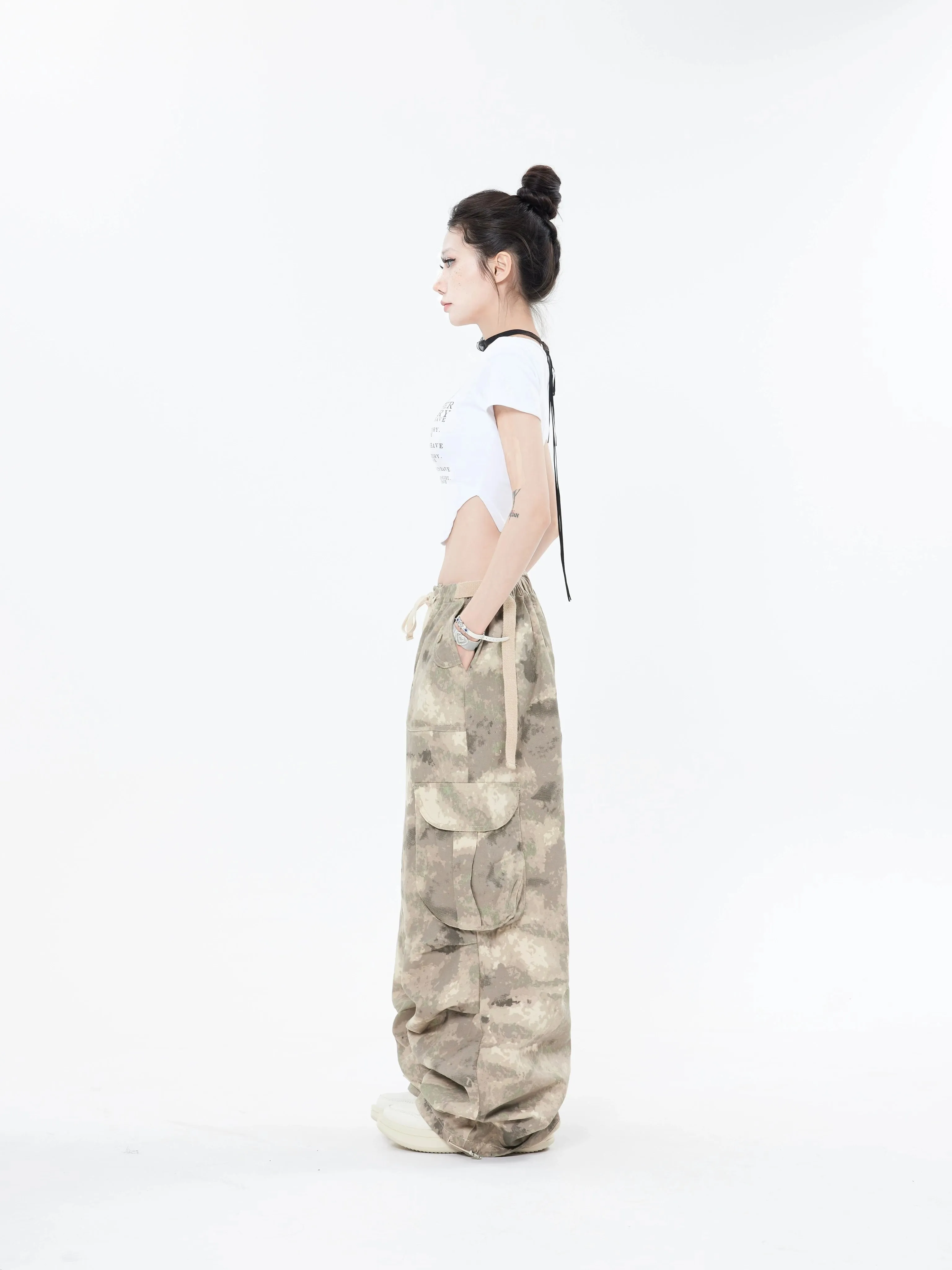 Faded Camo Baggy Cargo Pants with Drawstring