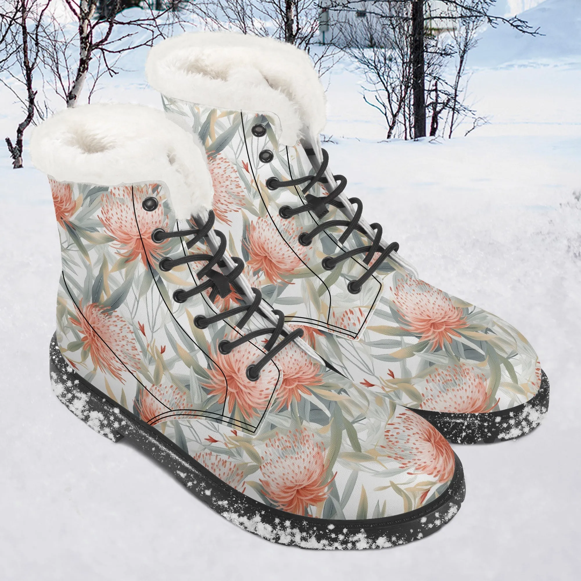 Faux Fur Leather Boots Australian Floral