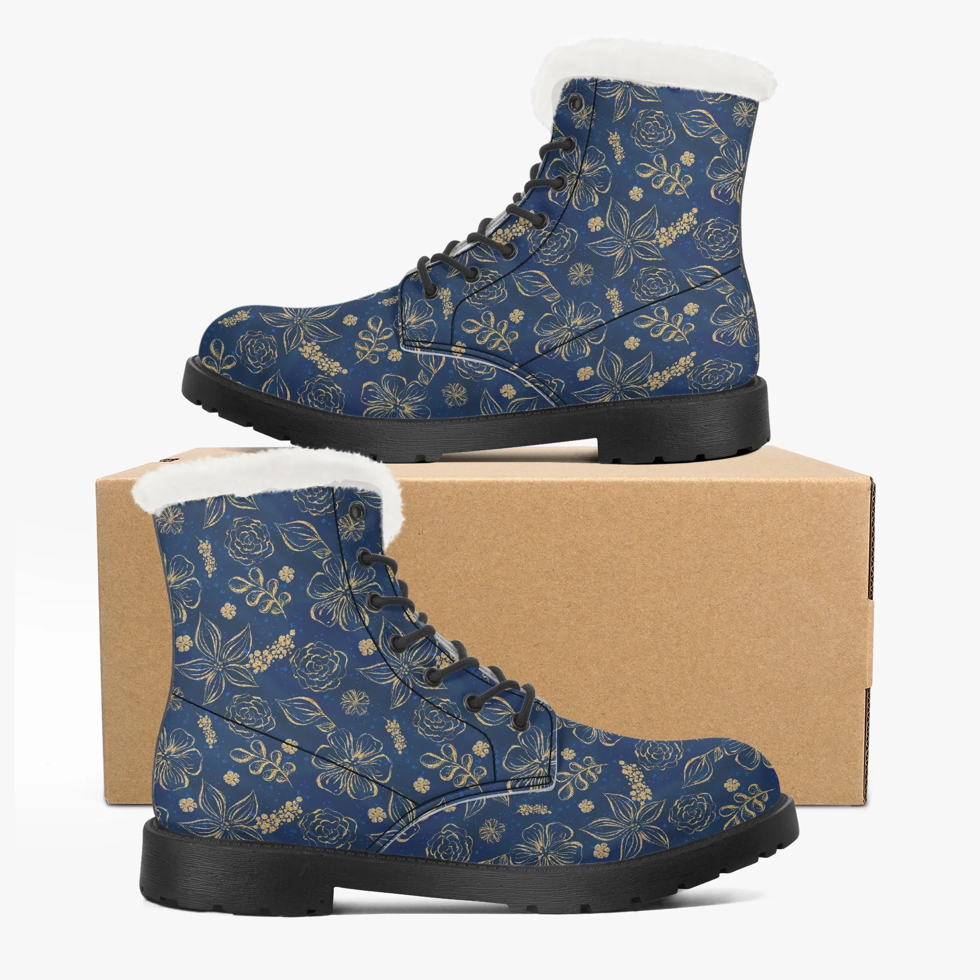 Faux Fur Leather Boots Blue Gold Floral