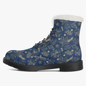 Faux Fur Leather Boots Blue Gold Floral