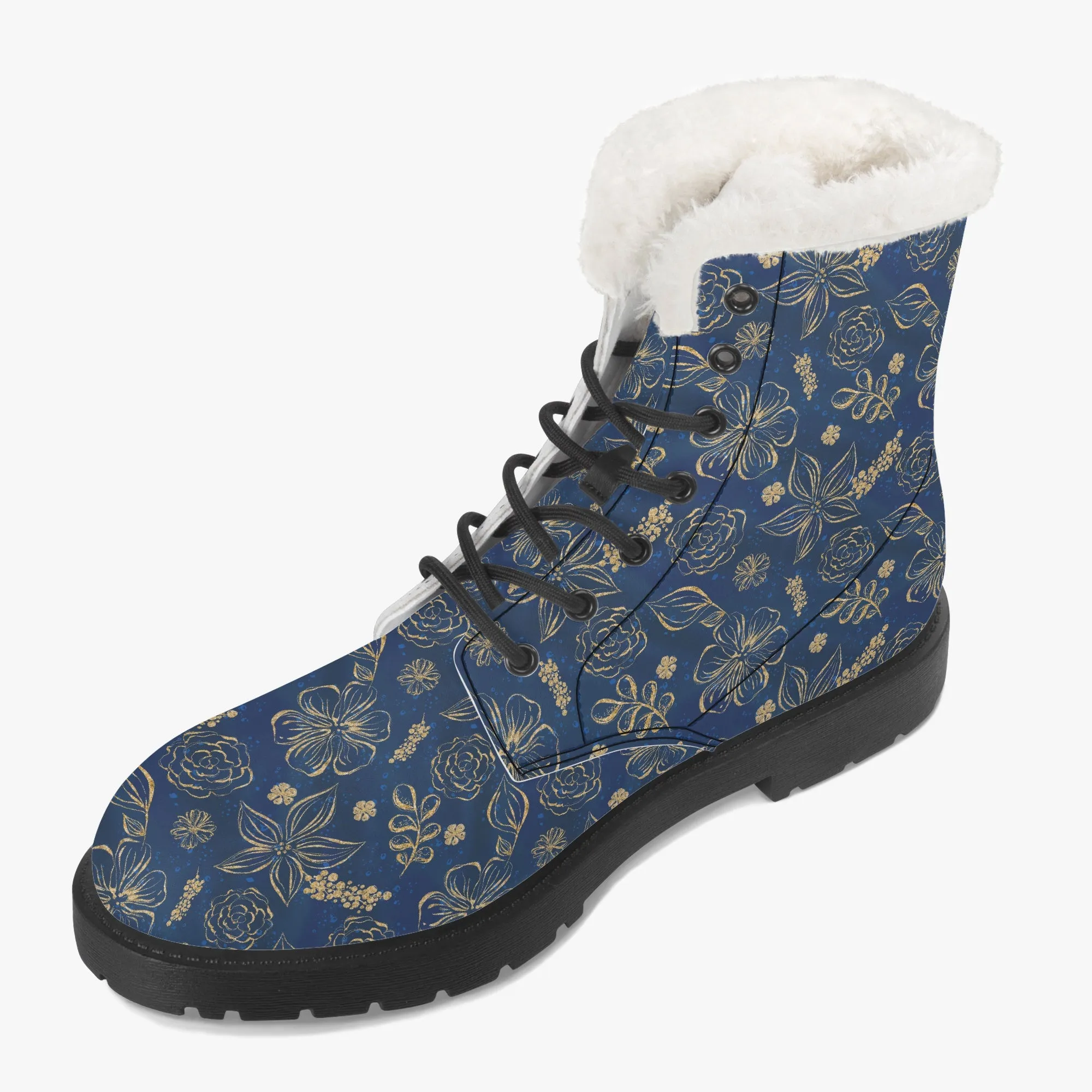 Faux Fur Leather Boots Blue Gold Floral