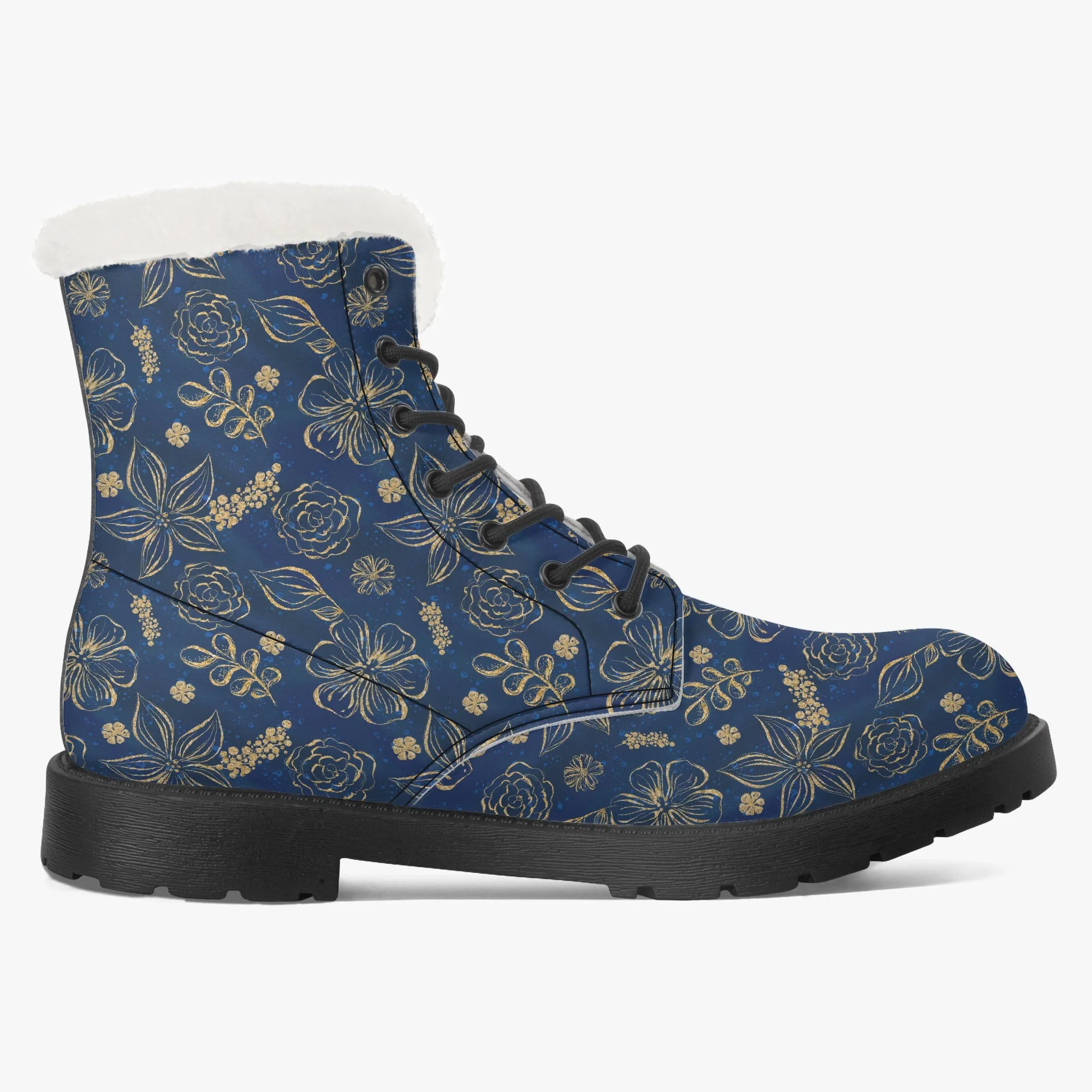 Faux Fur Leather Boots Blue Gold Floral