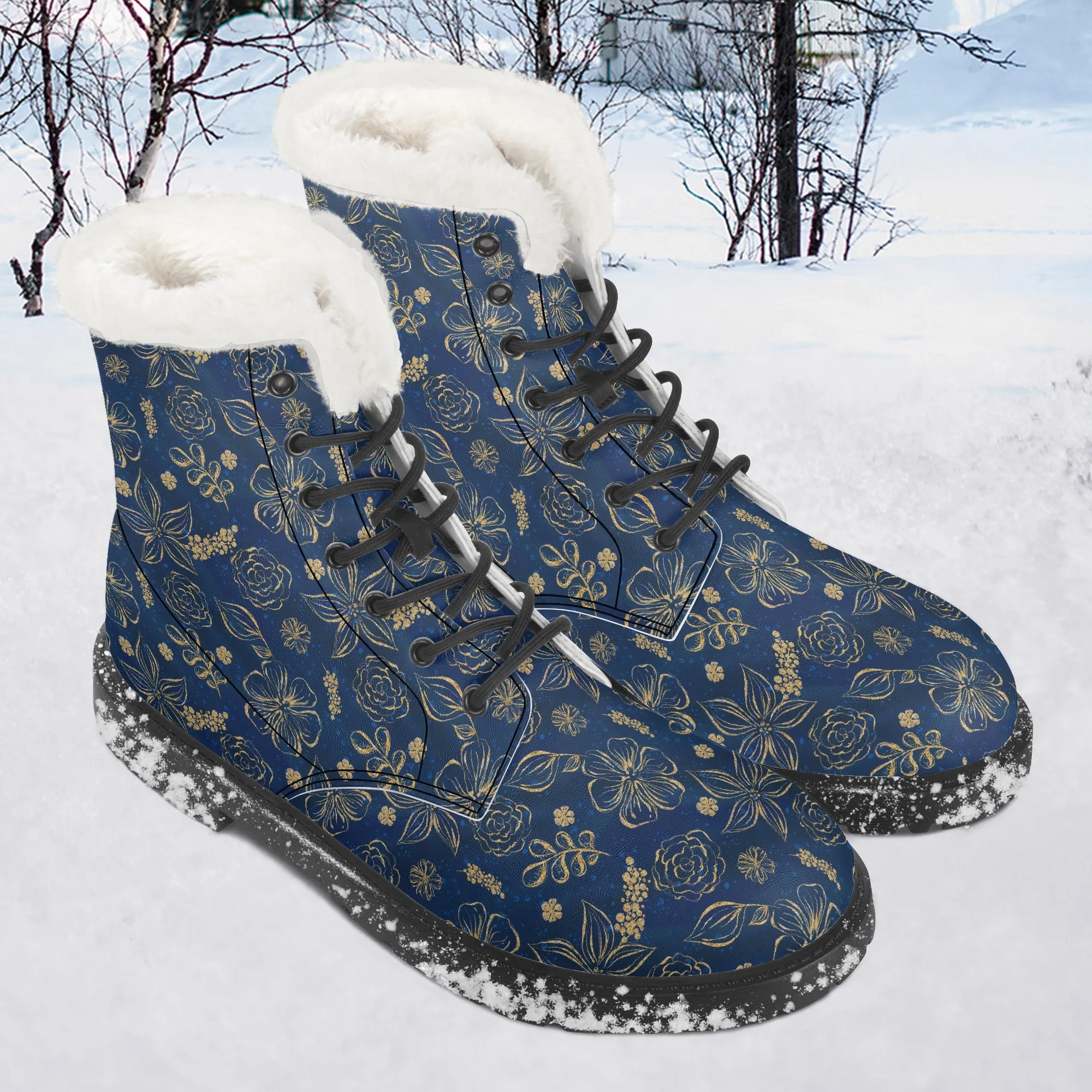 Faux Fur Leather Boots Blue Gold Floral