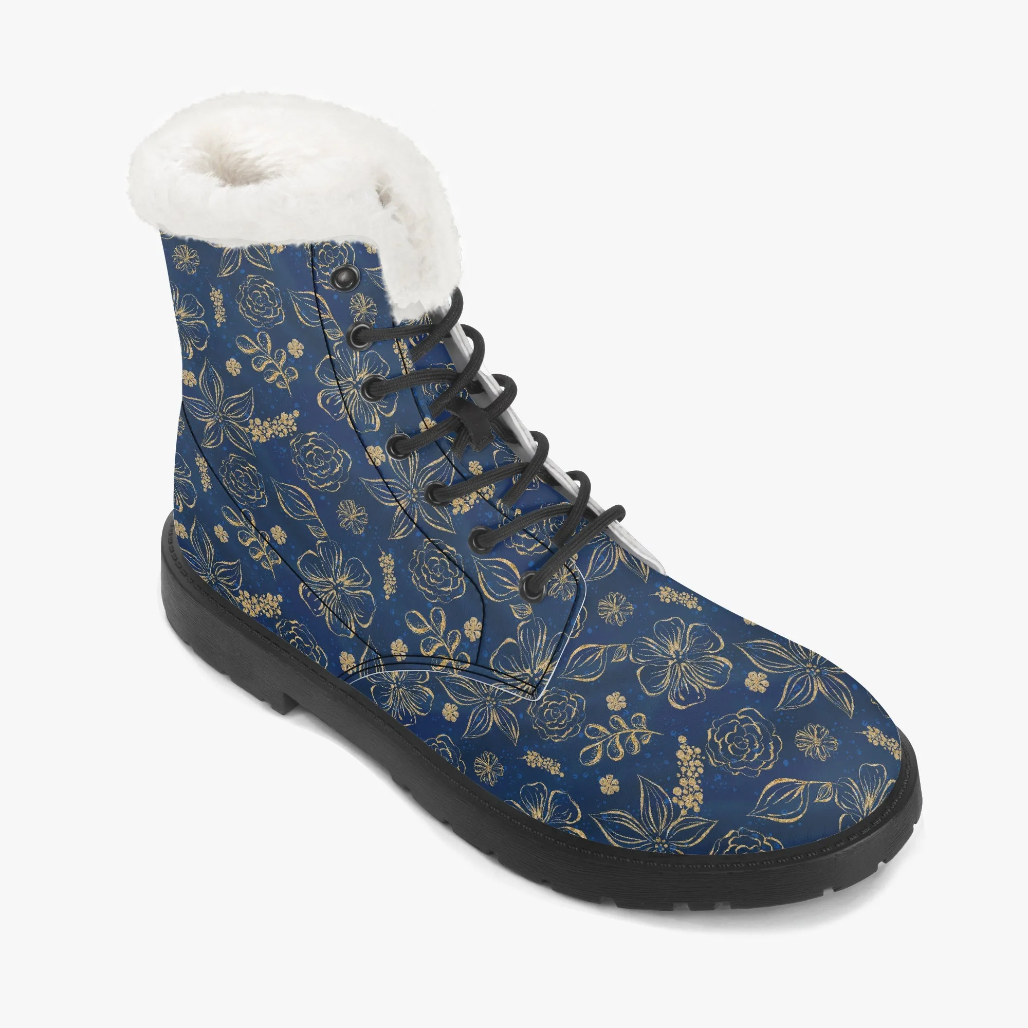 Faux Fur Leather Boots Blue Gold Floral