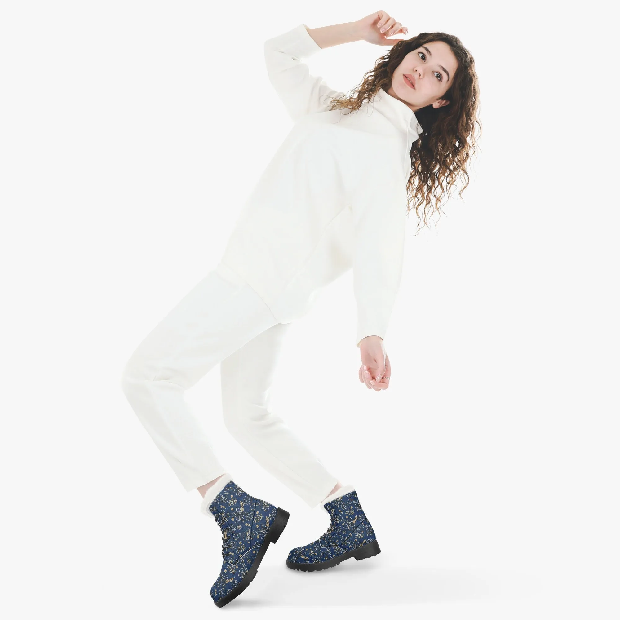 Faux Fur Leather Boots Blue Gold Floral