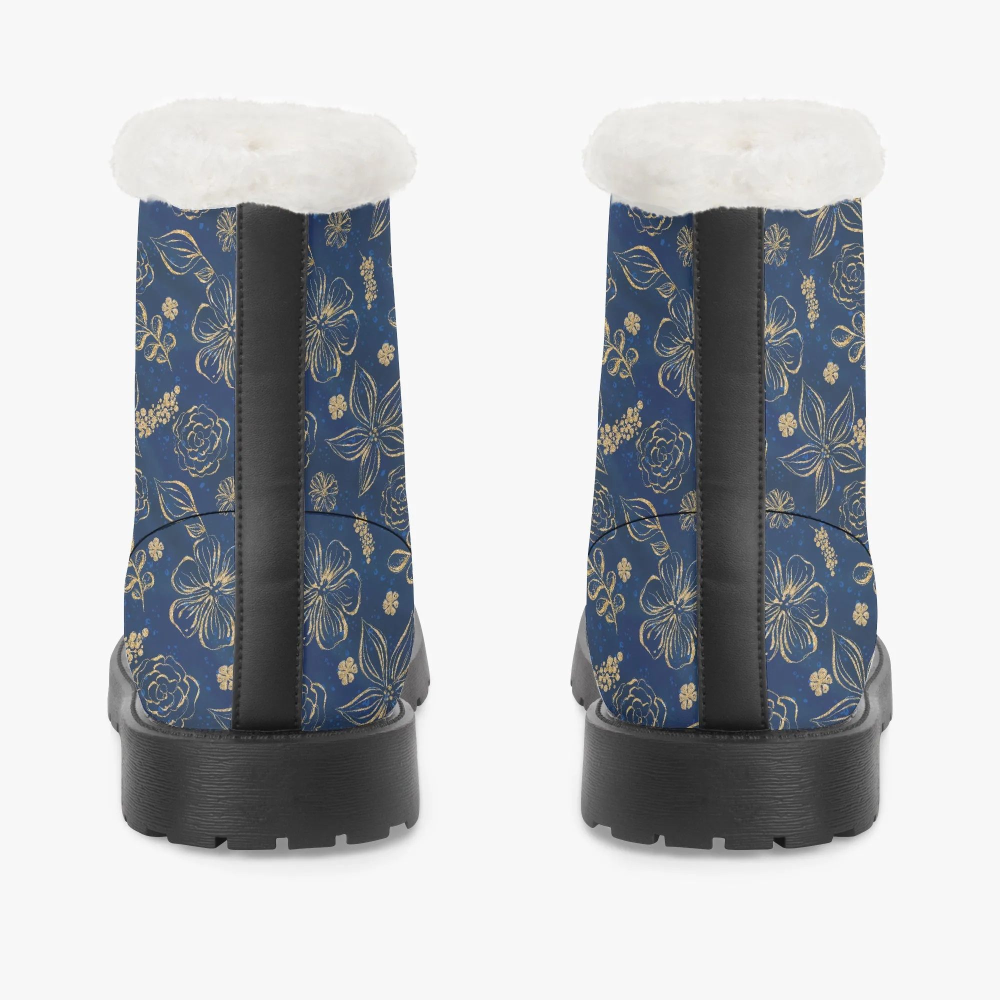 Faux Fur Leather Boots Blue Gold Floral