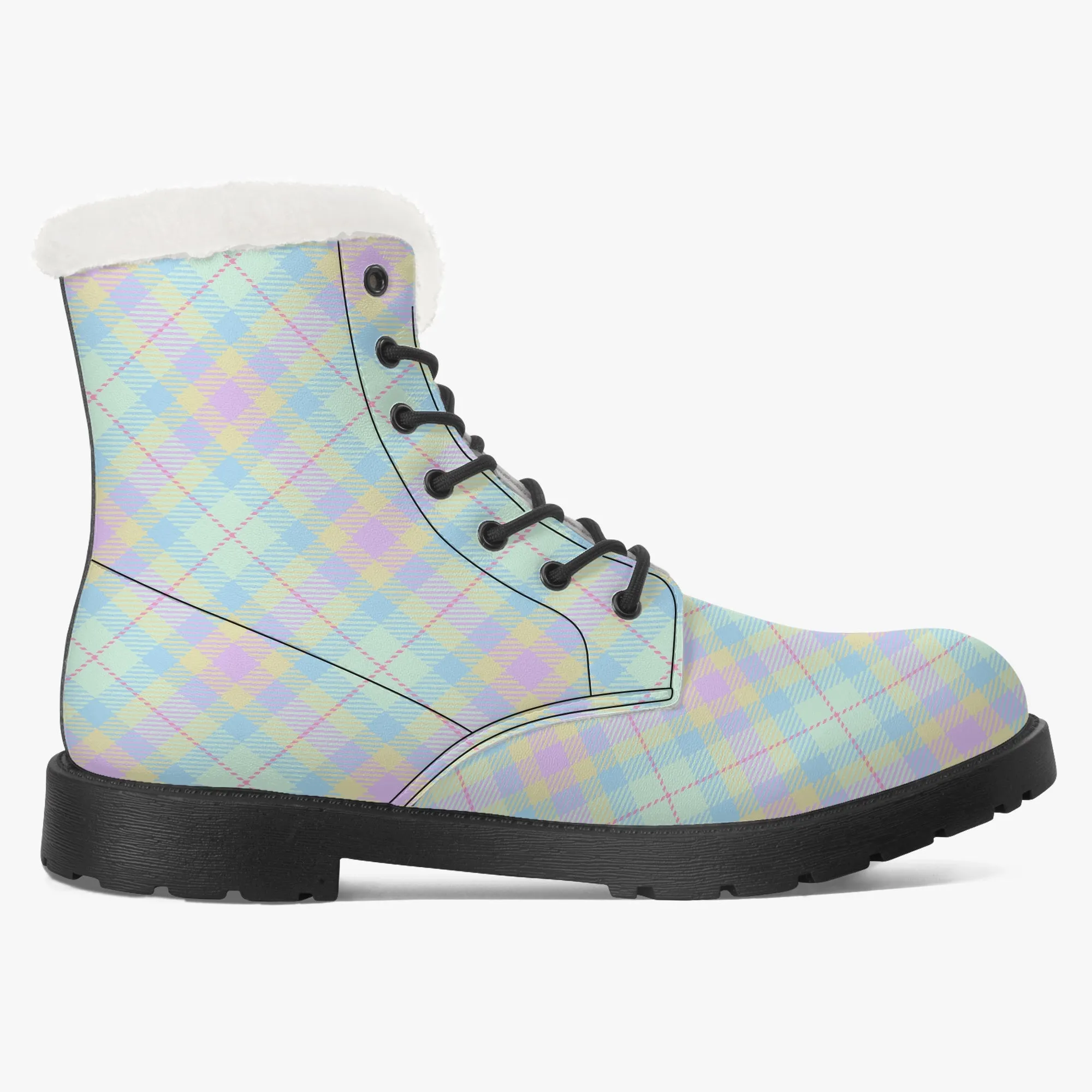 Faux Fur Leather Boots Pastel Plaid