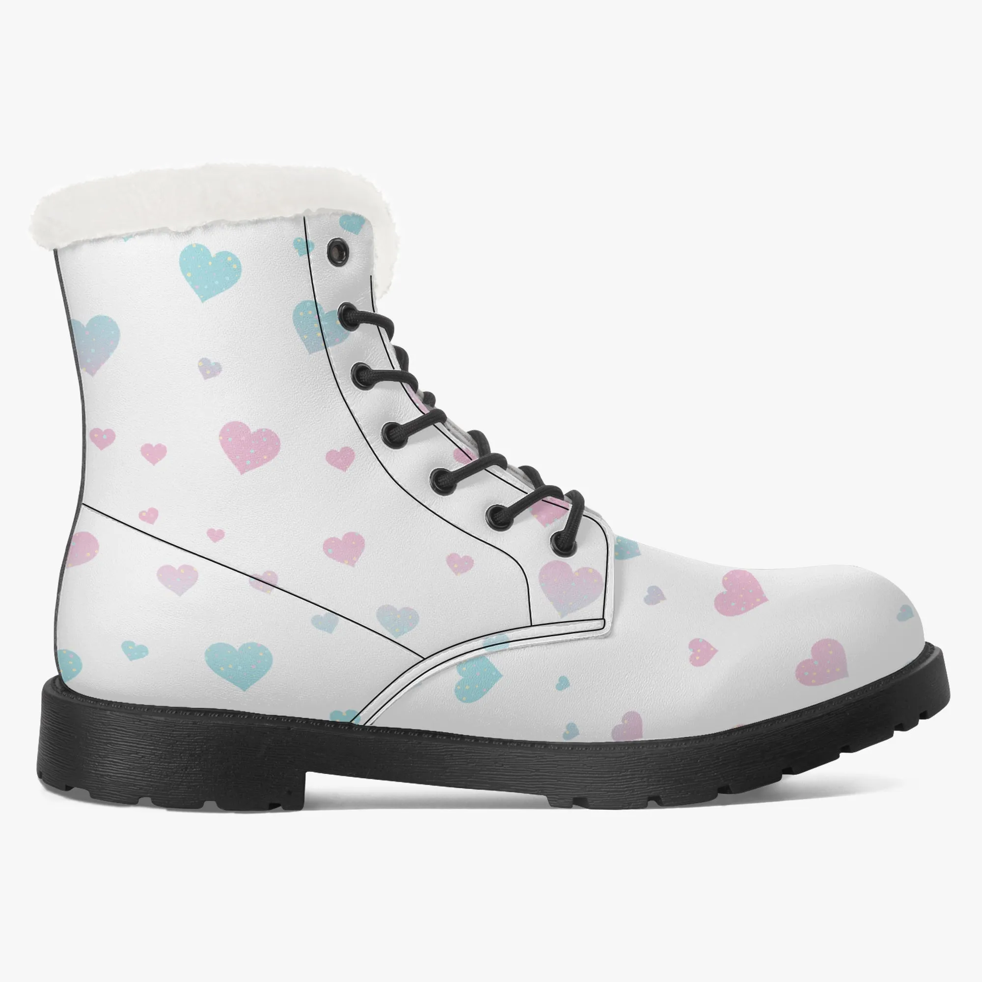Faux Fur Leather Boots Pink and Blue Hearts