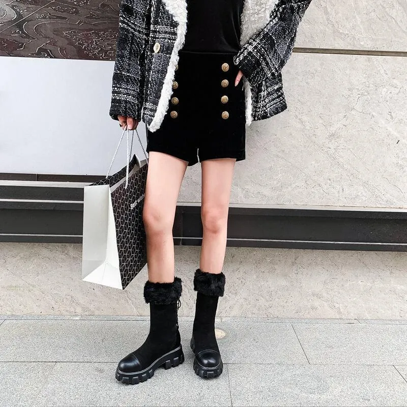 Fur Platform Lace Up Leather Calf Boots