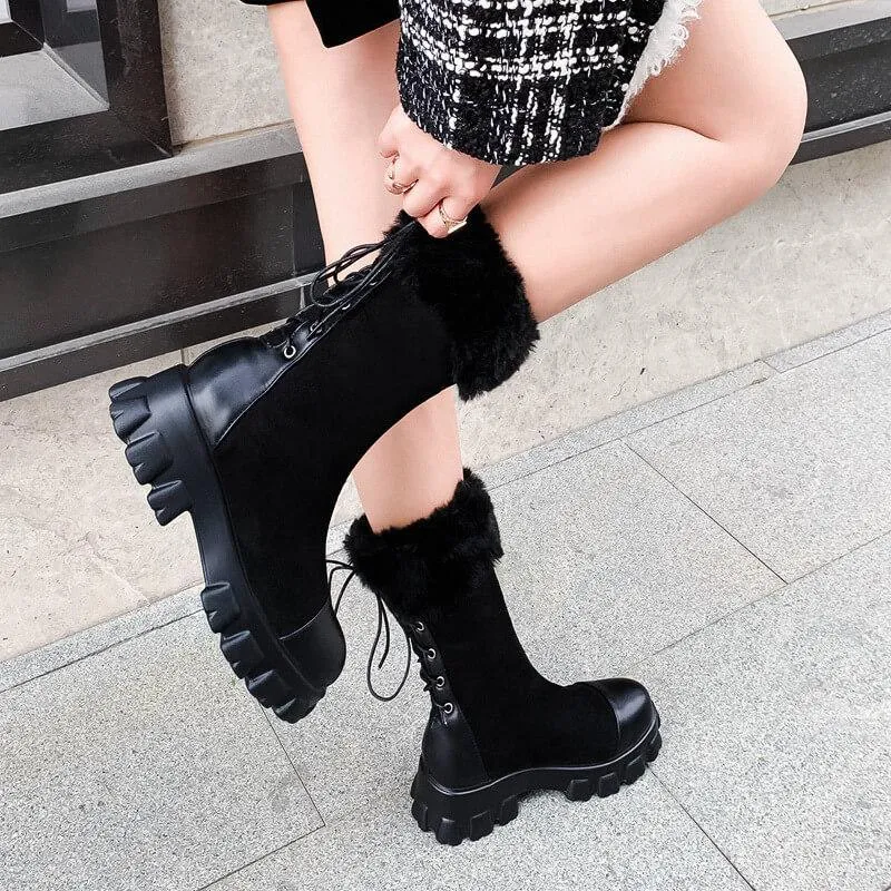Fur Platform Lace Up Leather Calf Boots