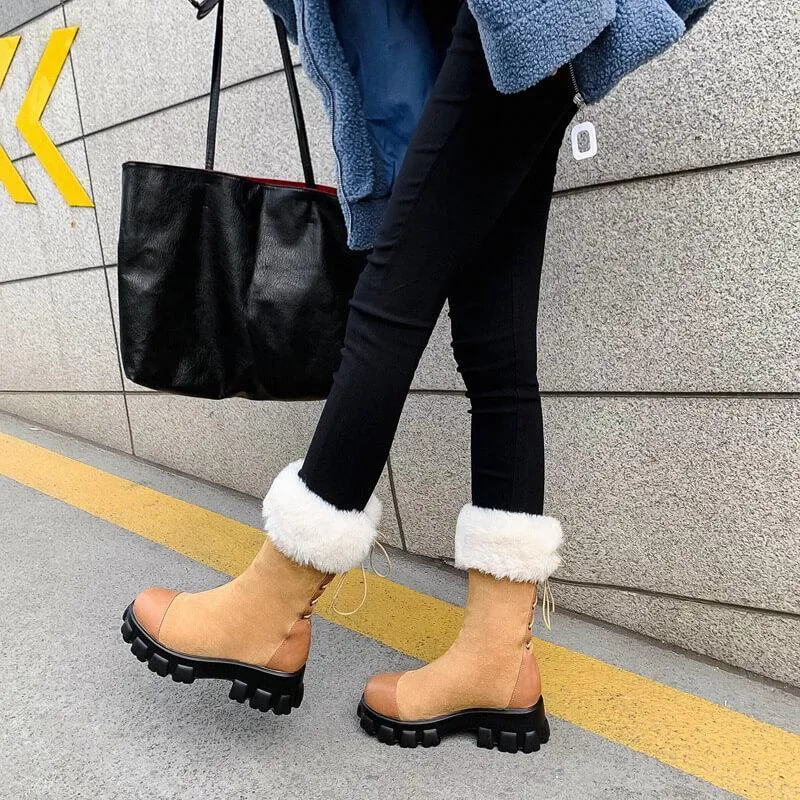Fur Platform Lace Up Leather Calf Boots