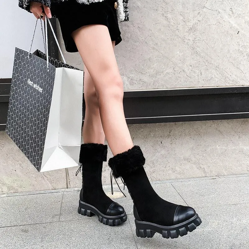 Fur Platform Lace Up Leather Calf Boots