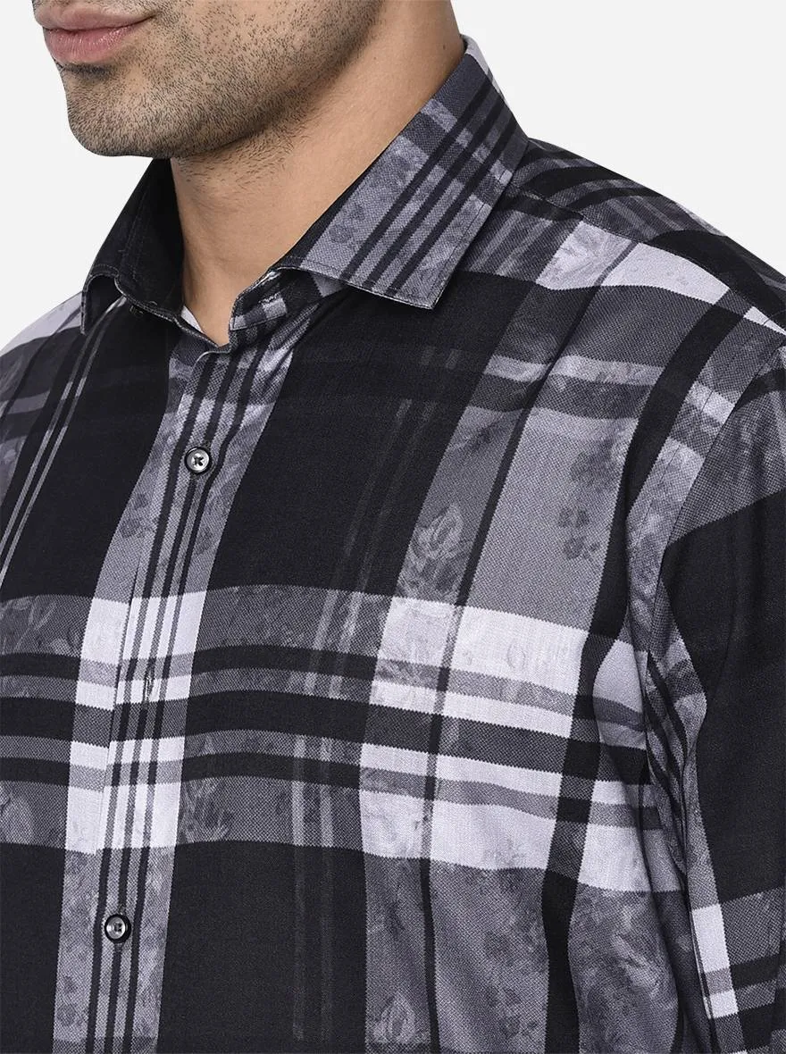 Grey & Black Checked Slim Fit Party Wear Shirt | Greenfibre