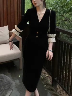 Joskaa French Black Vintage Dress Women Korean Fashion Designer Elegant Midi Dress Female High Waist Slim France Party Dress Autumn New