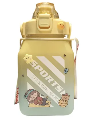 KolorFish Cute Water Bottle with Straw and Strap, BPA Free Twin Color Shading & Cute 3D Stickers 1500ML (Yellow)