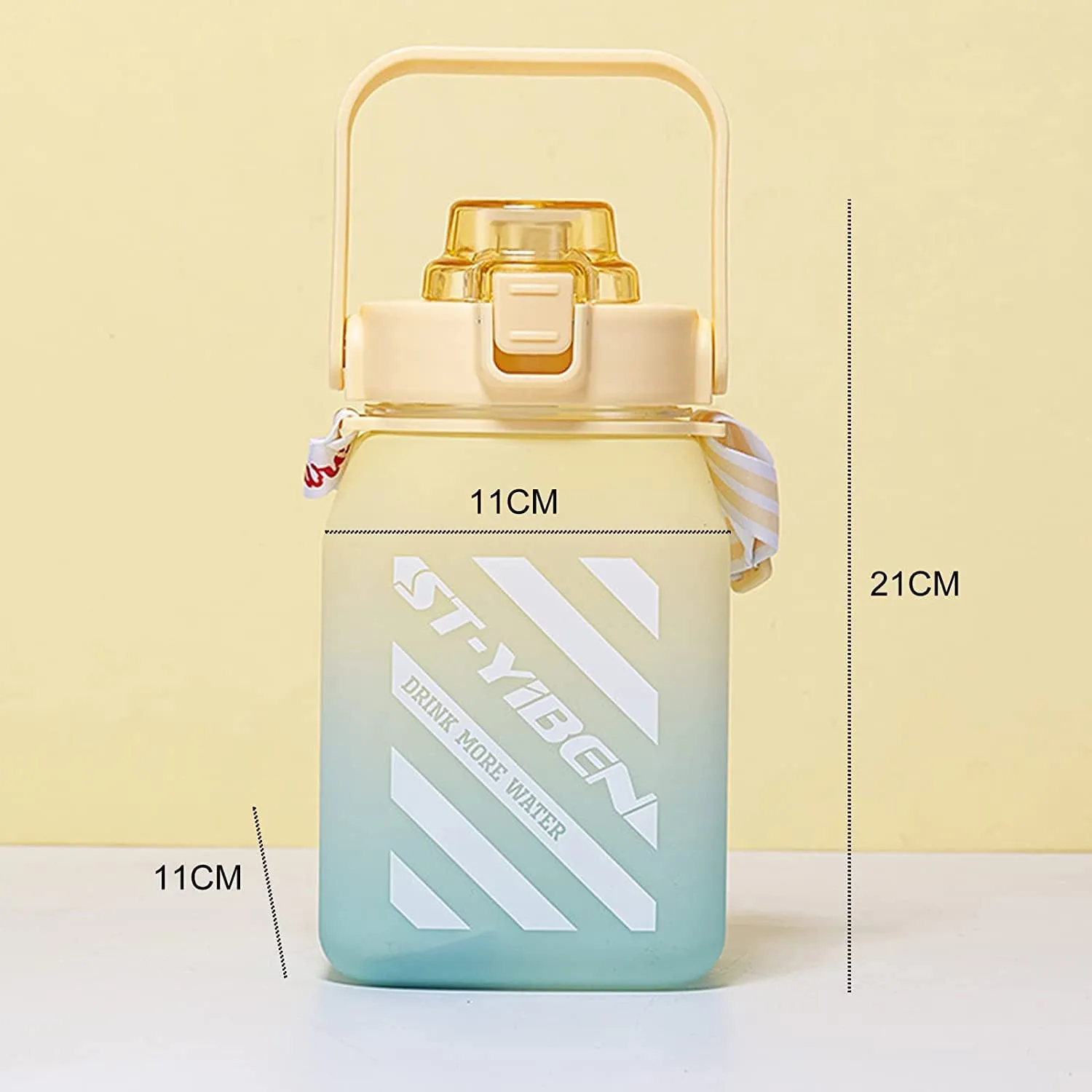 KolorFish Cute Water Bottle with Straw and Strap, BPA Free Twin Color Shading & Cute 3D Stickers 1500ML (Yellow)