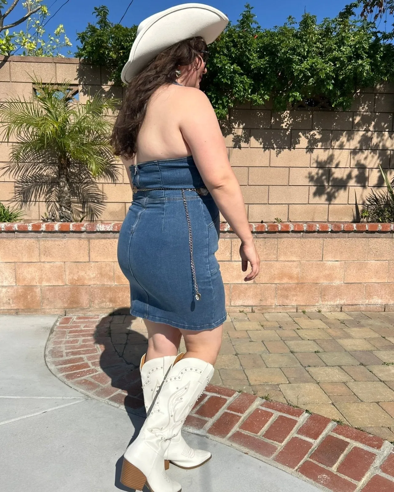 Medium Wash Denim Halter Neck Mini Dress