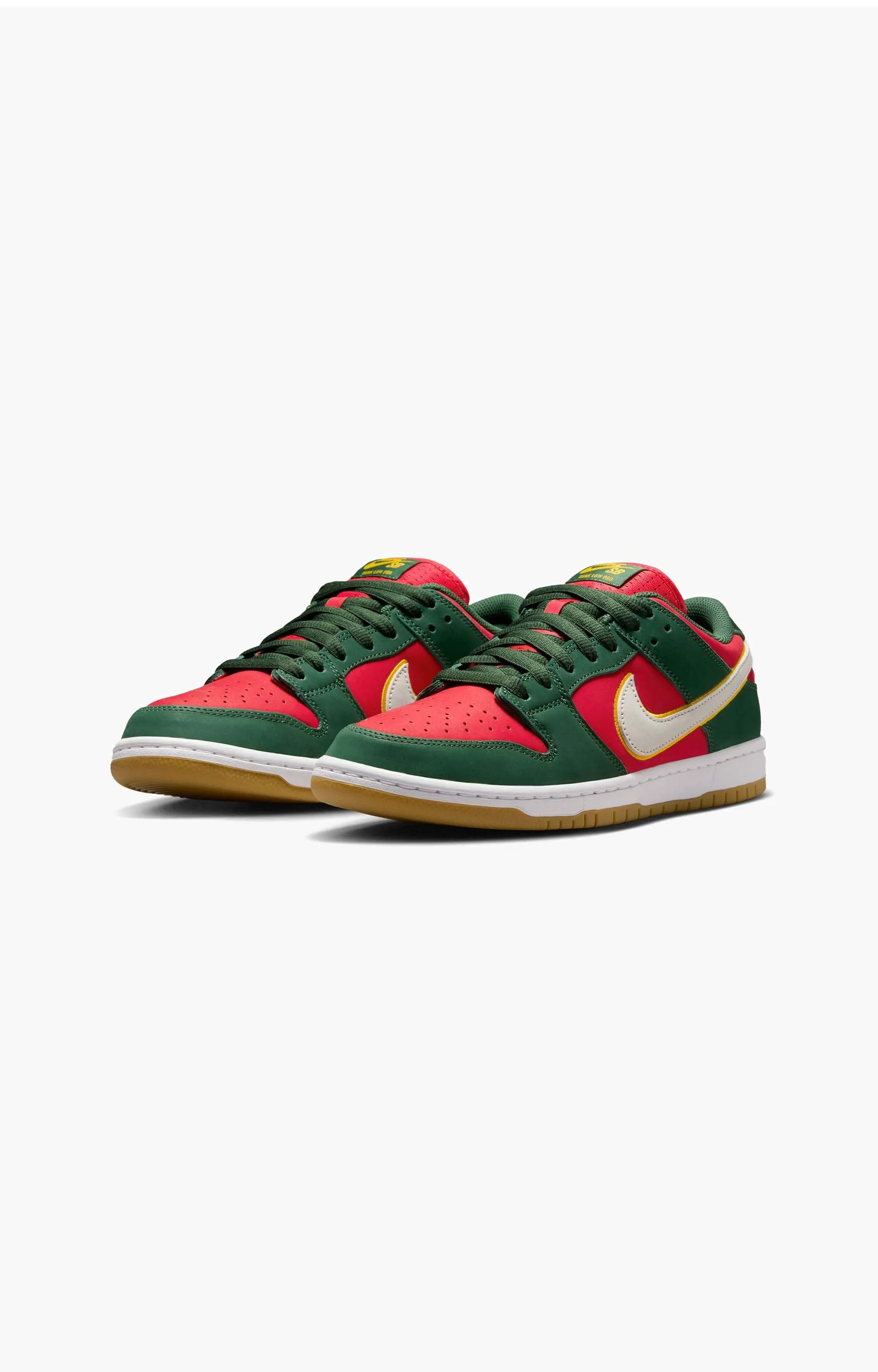 Nike SB Dunk Low Pro Premium Shoe, Fir/White University Gold/Fire Red