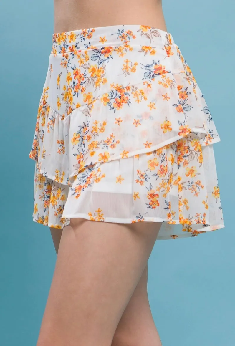 Orange Floral Tiered Skort
