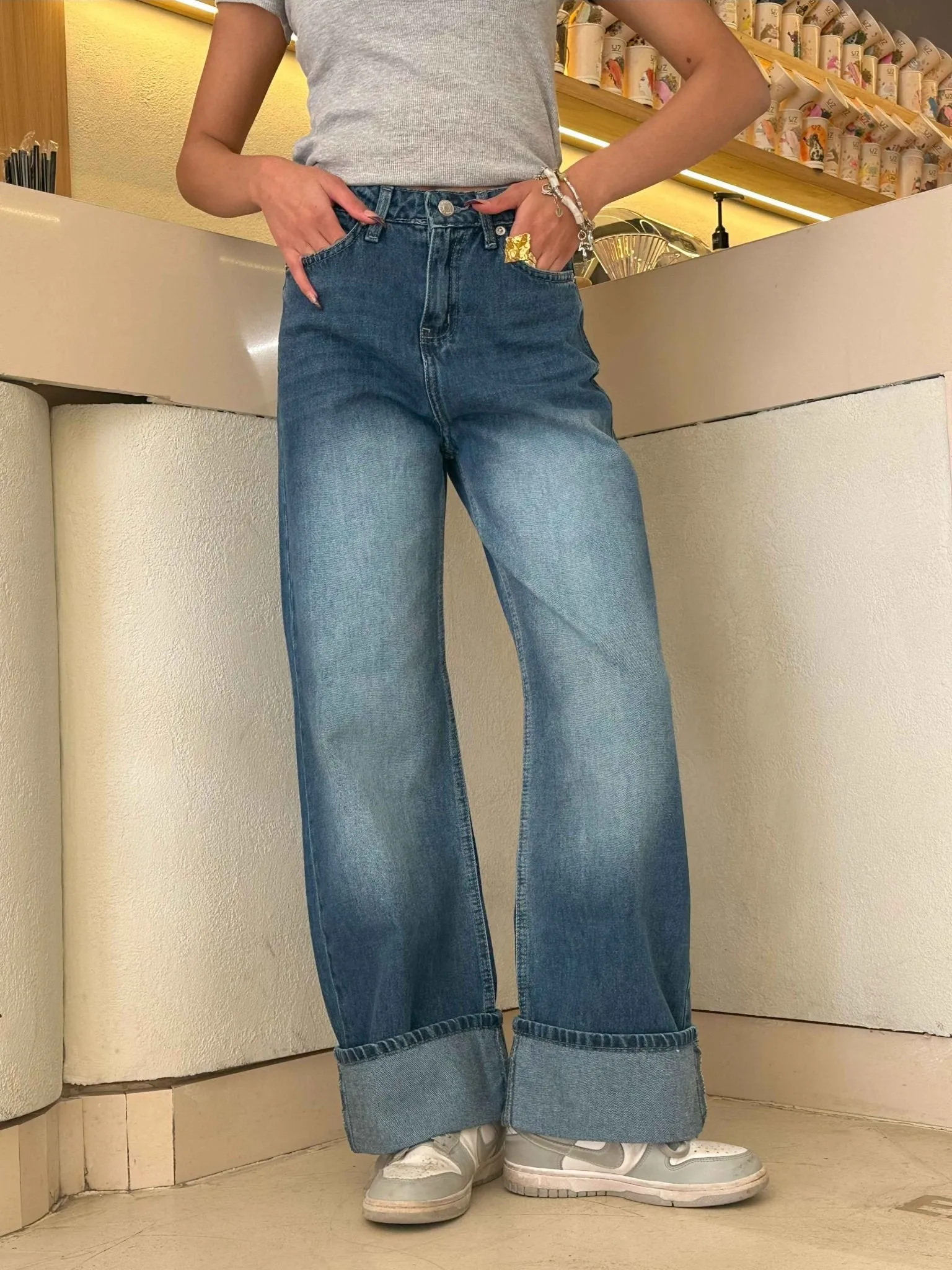 The Uptown Wide Leg - Navy Blue Cuffed Jeans.