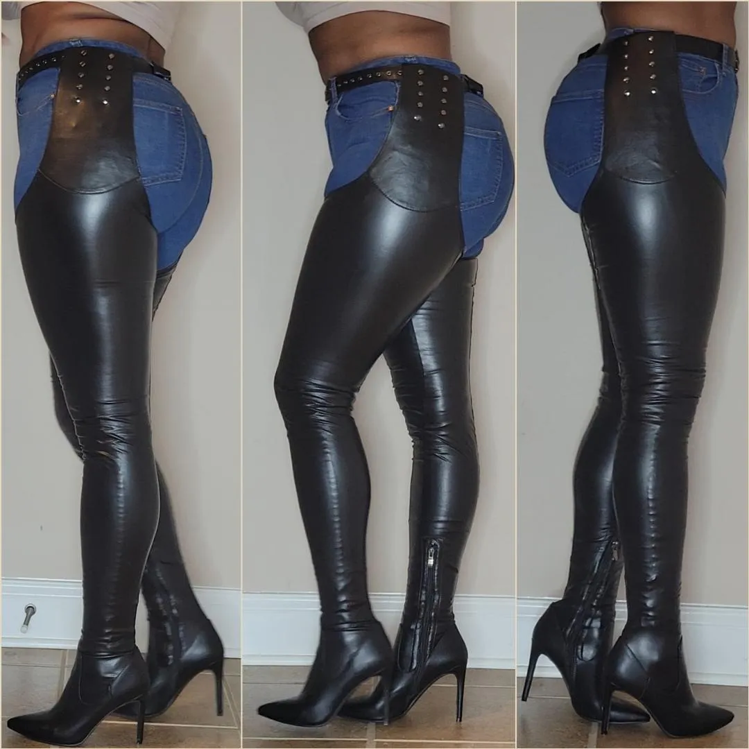 Thigh High Pointed Heel Boots - Super Stretch Moto