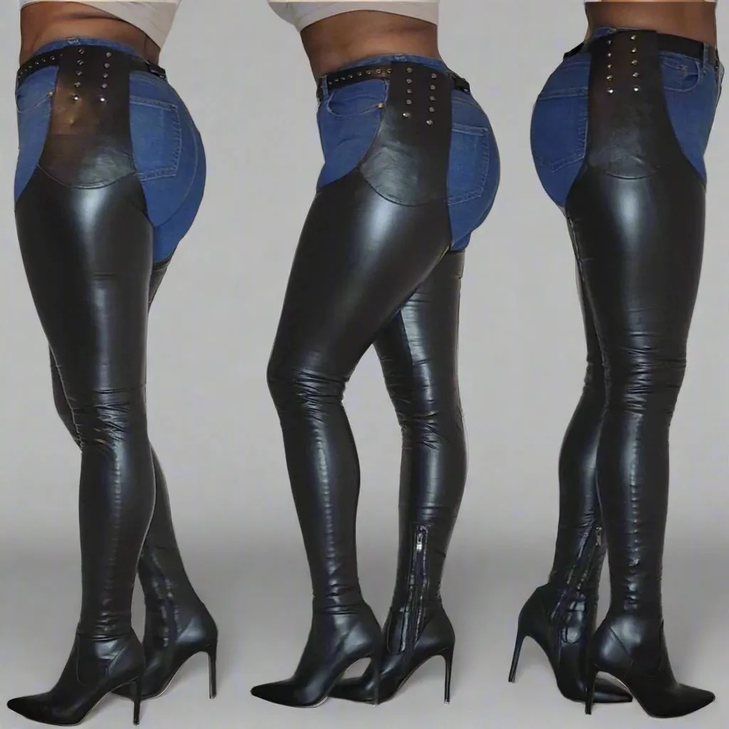 Thigh High Pointed Heel Boots - Super Stretch Moto
