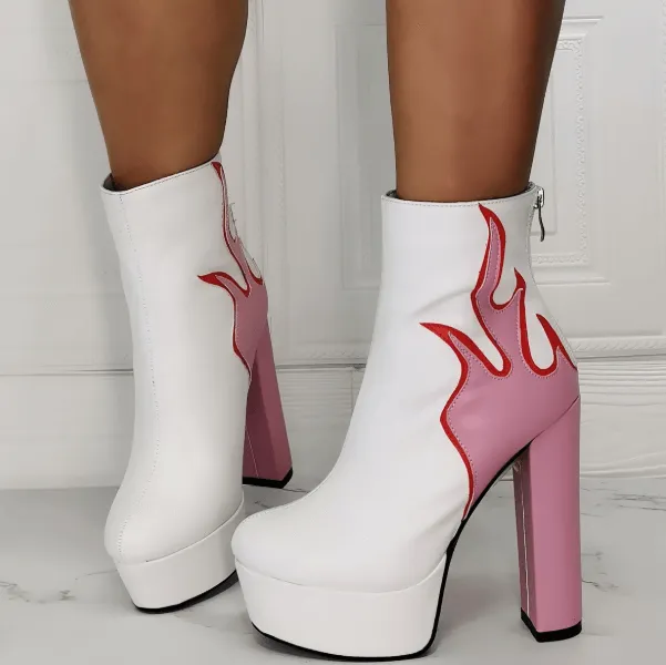 White PU Platform Fire Print High Heel Calf Boots