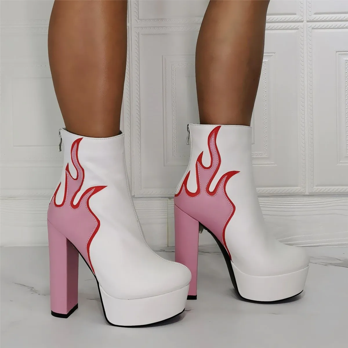 White PU Platform Fire Print High Heel Calf Boots