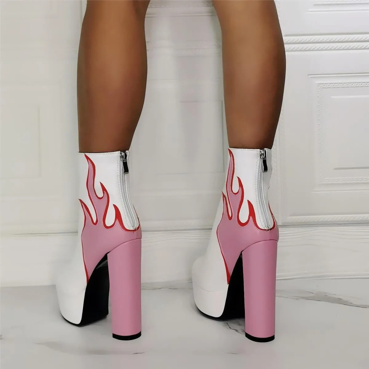 White PU Platform Fire Print High Heel Calf Boots