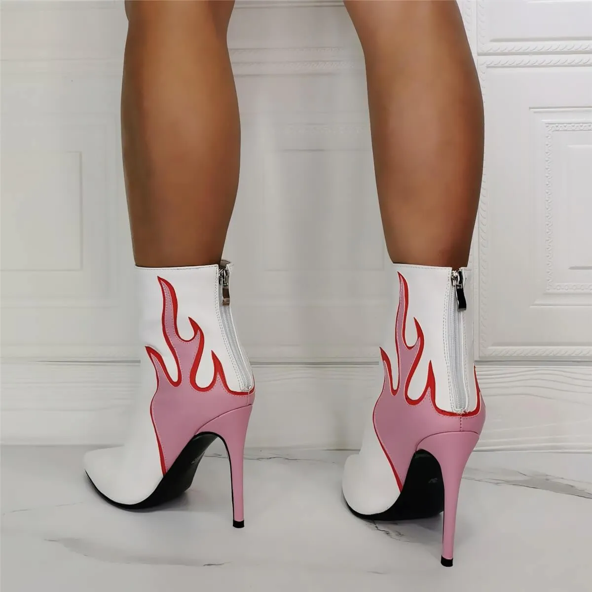White PU Point Toe Fire Print High Heel Boots